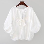 韩国白色露背蝴蝶结短袖娃娃衫女夏季泡泡袖短款系带纯欲法式上衣