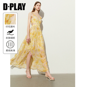 dplay2024年夏度假风黄色，印花v领腰部镂空雪纺，吊带连衣裙长裙
