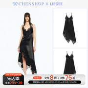 liegee时尚潮流绗缝蕾丝醋酸，连衣裙小众百搭女chenshop设计师品牌