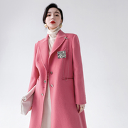 AKSAYA高级感时尚中长款双面呢大衣粉色羊毛外套女2023秋冬季