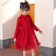 女童红色连衣裙加绒公主裙长袖洋气加厚中国风小女孩套装裙潮