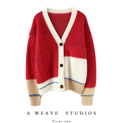 时髦设计师!红色镂空拼色大克重羊绒开衫，女v领羊绒毛衣加厚外套