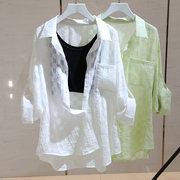 白色格子防晒衬衫，女长袖2023夏季宽松显瘦中长款薄款衬衣外套