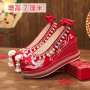 中式秀禾婚鞋女厚底婚礼结婚增高汉服鞋子坡跟红色绣花鞋配马面裙