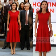 高级定制西班牙王妃同款正红色圆领连袖收腰褶皱连衣裙女长款大牌