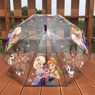爱莎透明儿童雨伞长柄自动安全女童幼儿园，卡通学生宝宝遮阳公主伞