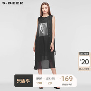 sdeer圣迪奥女时尚前卫圆领抽象印胶创意拼接无袖连衣裙S19281295
