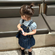 女童夏装背带裙套装2024洋气韩版女宝宝短袖背带裙时髦两件套