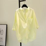 韩国嫩黄色单口袋(单口袋，)薄款棉麻衬衫，女2023秋季插肩袖宽松休闲衬衣
