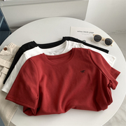 蝴蝶结刺绣短袖红色t恤女2024夏季宽松显瘦红色，短款圆领上衣女