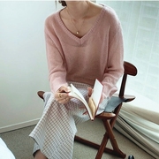 v领镂空马海毛毛衣女，薄款慵懒风宽松长袖，套头秋季韩式粉色针织衫
