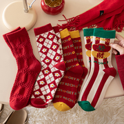 羊毛袜子女中筒袜本命年红袜子兔年大红色冬季加厚保暖运动羊绒袜