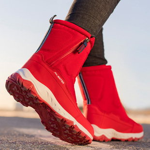 东北哈尔滨雪地靴女士红色，冬季抗寒高帮加绒加厚棉鞋短靴防水防滑