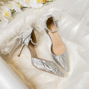 高跟鞋细跟尖头包头中空珍珠一字扣带时尚新娘伴娘婚鞋女凉鞋