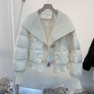 小个子羽绒服女白鸭绒毛线拼接款，时尚2023冬装设计感保暖外套