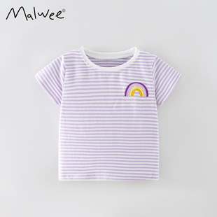 malwee女童条纹夏装欧美外贸童装洋气小女孩T恤儿童短袖上衣