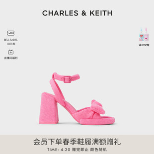 CHARLES&KEITH24春CK1-60920367蝴蝶结绒布粗跟露趾高跟凉鞋