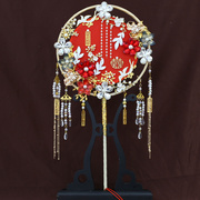 网红红色蕾丝新娘结婚秀禾团扇，黑色大号架新中式双面成品遮面金色