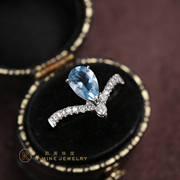 凯美珠宝18K金清新水滴形巴西海蓝宝戒指镶真钻石戒指经典时尚女