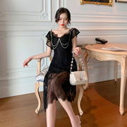 黑色蕾丝一字肩连衣裙夏季性感赫本风，复古小众洋装小礼服平时可穿