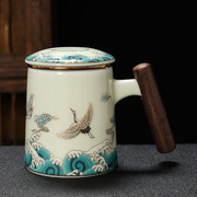 国潮风陶瓷杯子礼盒装办公杯木柄水杯，三件套过滤茶杯带盖商务