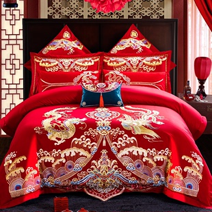 全棉婚庆四件套新婚龙凤，刺绣纯棉大红色陪嫁高端中式结婚床上用品