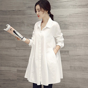 白衬衫女长袖2024春夏韩版中长款大码上衣，宽松显瘦遮肚衬衣裙