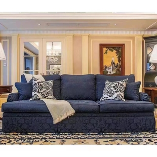 美式伊森艾伦查德沙发实木框架，进口布艺三人位沙发蓝进口提花面料