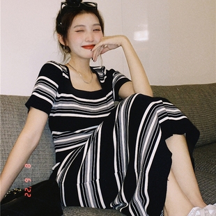 夏季女装韩版批发气质休闲修身显瘦a字，短袖条纹针织连衣裙潮