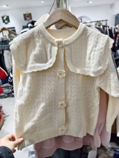 女童针织开衫镂空春装6-7岁女宝宝大翻领，毛衣外套时尚百搭潮