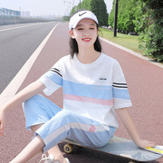 初中生运动套装青春少女七分裤T恤短袖班服2023夏季高中学生韩版