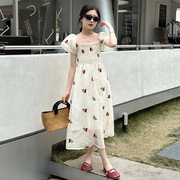 女童连衣裙短袖夏季2024韩版长款裙子洋气时髦中大童沙滩裙潮