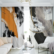 手绘油画立体抽象黑白橙全遮光窗帘肌理画客厅，卧室防晒遮阳布现代