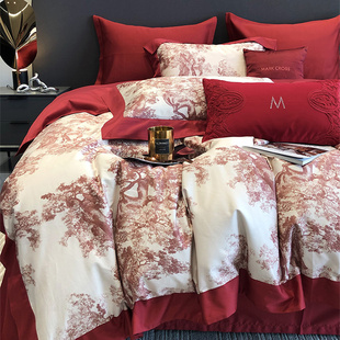床上四件套红色婚庆100支长绒棉，全棉数码印花被套，新婚高级感床品