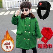 巴拉巴柆儿童军绿大衣加棉加厚保暖中长款军绿色男童复古外套韩版