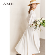 Amii2024夏季白色连衣裙女荷叶袖收腰显瘦长裙小黑裙气质裙子