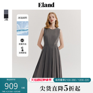 Eland衣恋无袖连衣裙女圆领百褶裙摆高腰中长裙子2024夏季