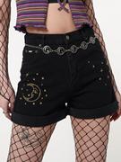 minga2023夏季美式复古黑色星月刺绣图案，高腰直筒卷边短裤