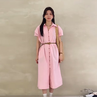 韩系设计感粉色短袖衬衫连衣裙子女装夏季梨型身材长裙配系带