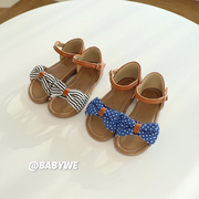babywe韩国童装儿童，可爱条纹波点，蝴蝶结女童休闲露趾凉鞋