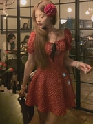 Rosellaa 2024春夏季波点红色连衣裙女高级感修身显瘦短裙子