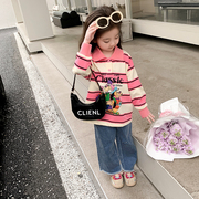 女童秋款时尚Polo领上衣一两岁女宝宝洋气网红中长款条纹套头卫衣