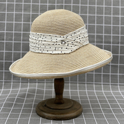 日本款休闲大沿草帽波点布珍珠(布，珍珠)钻扣名媛风夏季沙滩折叠渔夫帽盆帽