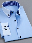 男士轻奢长袖衬衫双领纯色，商务职业正装，男韩版修身浅蓝色衬衣免烫