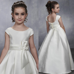 少女童大提琴钢琴演出晚礼服儿童白色缎面伴娘，婚纱绑带长款公主裙