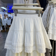 白色棉质提花刺绣蓬蓬半身裙，春夏气质镂空蕾丝花边，伞裙a字短裙裤