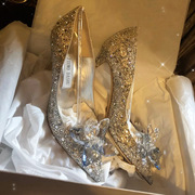 细跟秀禾鞋子2021年女婚鞋公主婚纱，法式水晶鞋结婚高跟鞋单鞋