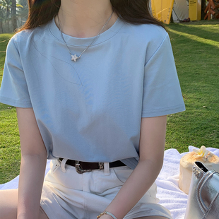蓝色t恤女夏季2024纯棉圆领，短袖设计感小众，小个子纯色上衣