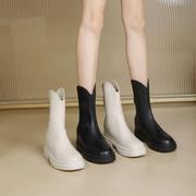 马丁靴女春秋单靴2023年英伦风高跟厚底内增高小个子白色短靴