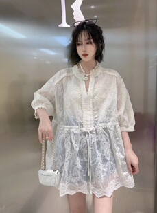 欧洲站2023夏装中长款宽松立领，抽绳绑带五分袖，蕾丝衫上衣女潮